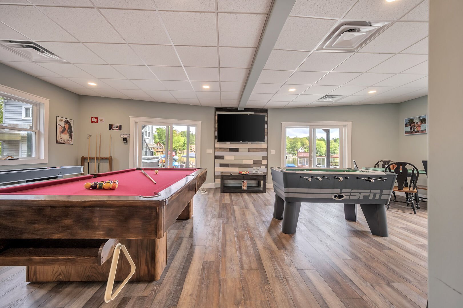 Game Room with Pool Table, Shuffleboard, Foosball, Poker Table and TV area
