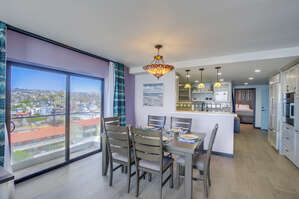 Dining table with north PB and La Jolla views, seats 6 guests