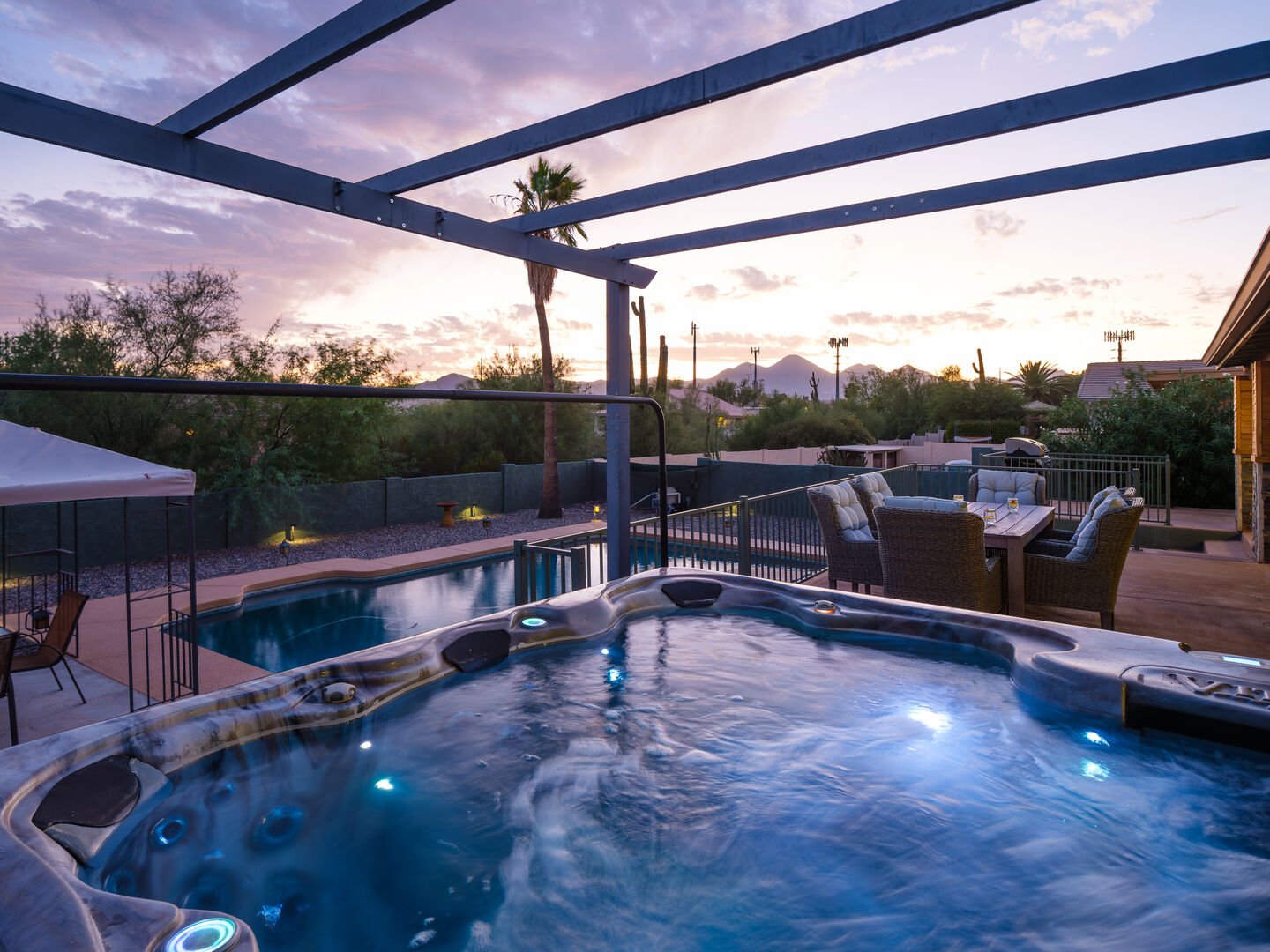 Beautiful valley sunset in the comfort of your own backyard. Relax with some wine on a cool evening in the jacuzzi!