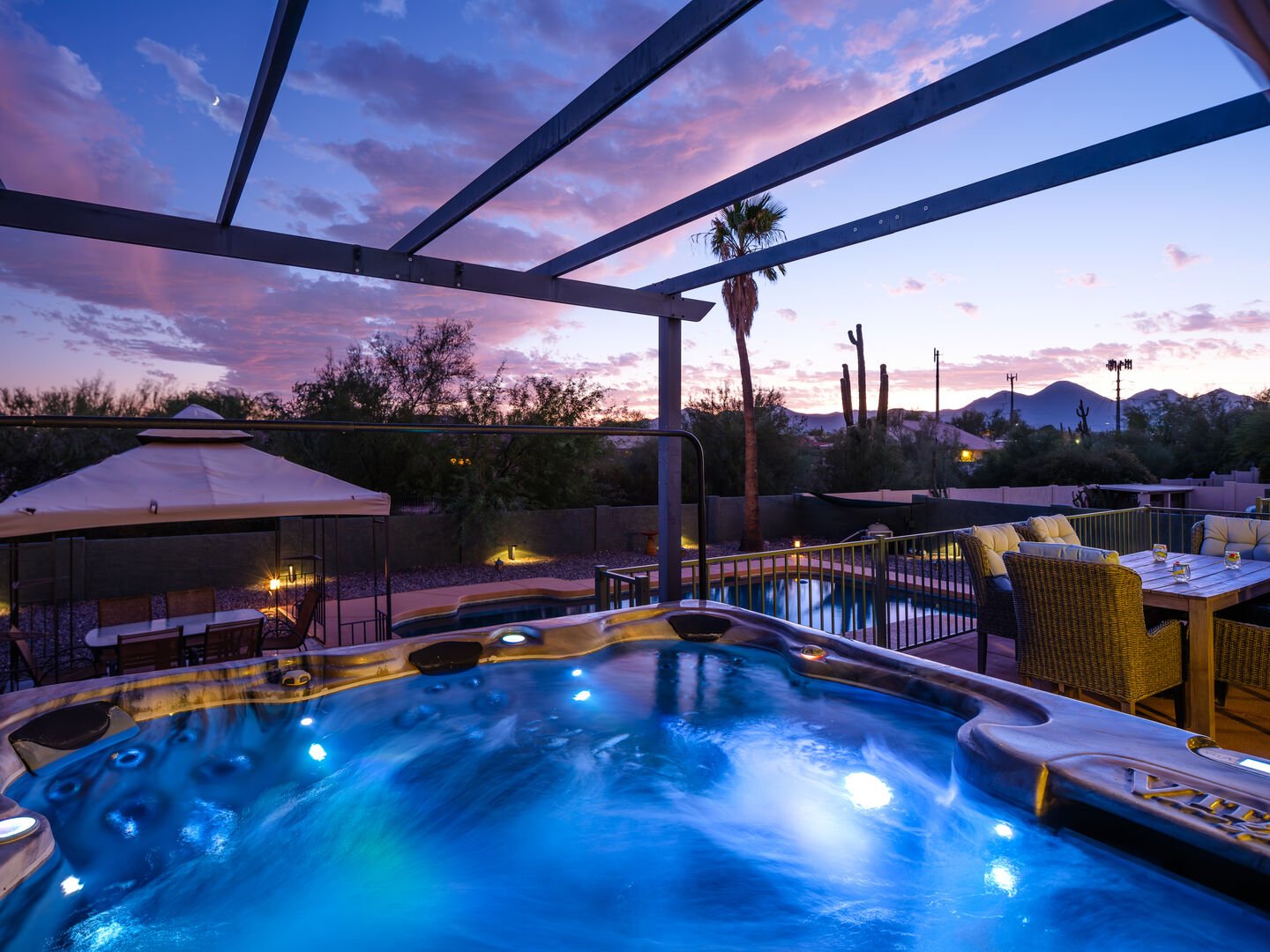Beautiful valley sunset in the comfort of your own backyard. Relax with some wine on cool evening in the jacuzzi!