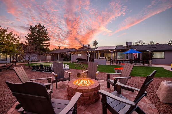 Nice fire pit, putting greens, heated pool, hot tub and Pickelball too!