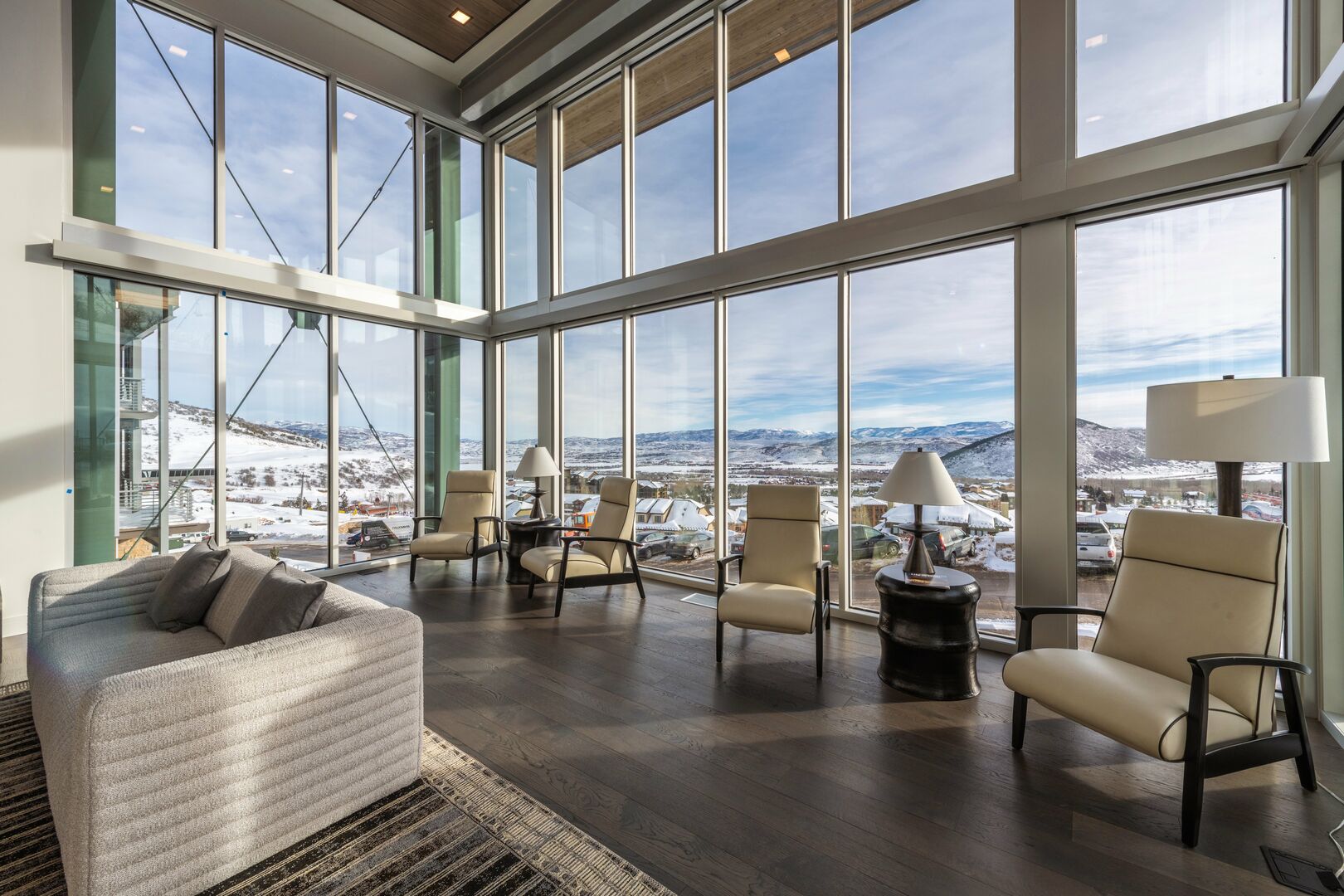 the upscale property has a beautiful lounge area with direct views of the slopes