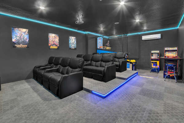 You can enjoy a movie or play a game in the combined movie theater/ games room.