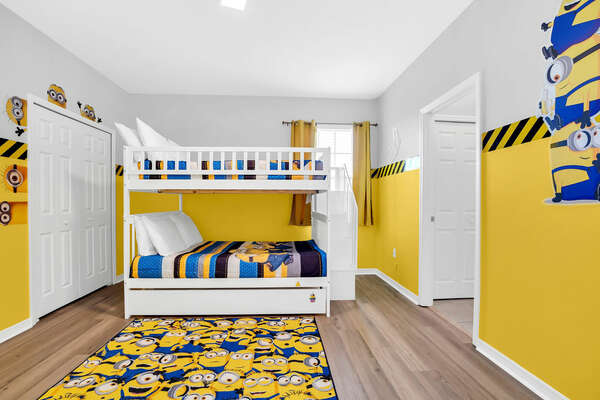 The kids can hang out with their favorite yellow friend in this full/full bunk room which shares a jack and jill bathroom.