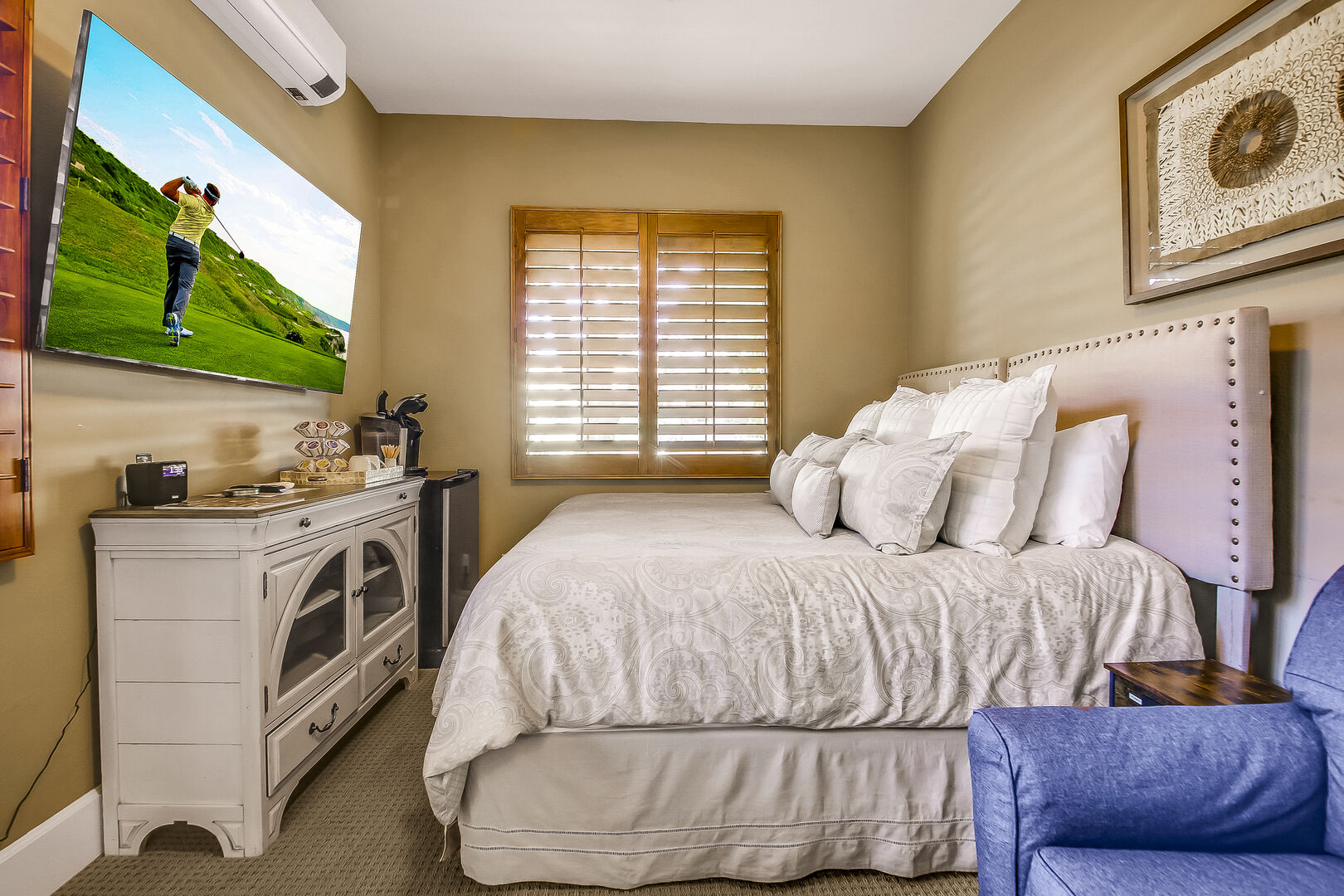 Casita Suite 2 is located to the left of the courtyard gate and features a King-sized Bed, a Full-sized Sofa Sleeper, 65-inch Samsung 4K Smart television and a reach-in closet.