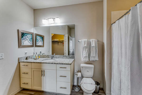 Master bath suite with  single sink vanity and shower/tub combo.