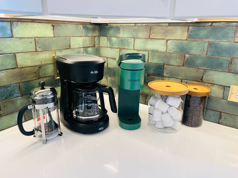 Enjoy coffee three ways!  French press, standard drip or Keurig.  We provide all the fixings to get your day going!