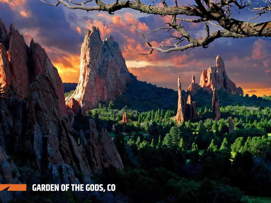 Garden of the Gods Park is a registered National Natural Landmark. Imagine dramatic views, 300' towering sandstone rock formations against a backdrop of snow-capped Pikes Peak and brilliant blue skies.