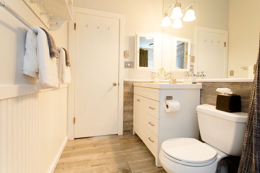 Master bathroom upstairs. Body wash, shampoo, conditioner, soft towels,3 ply TP, hairdryer, Q Tips, Kleenex and more!