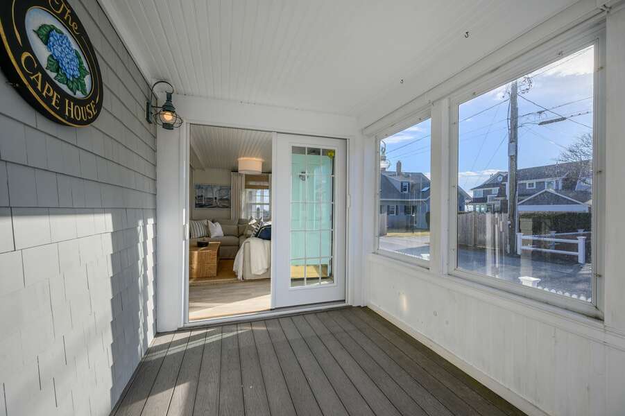 Enclosed porch (furniture away for winter) for morning cups of coffee or evening glasses of wine - 5 Zylpha Road Harwich Port Cape Cod - The Sandbox - NEVR