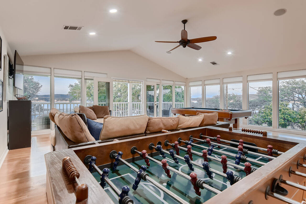 Game Room with a Pool Table, Smart TV, Foosball Table, Deck
