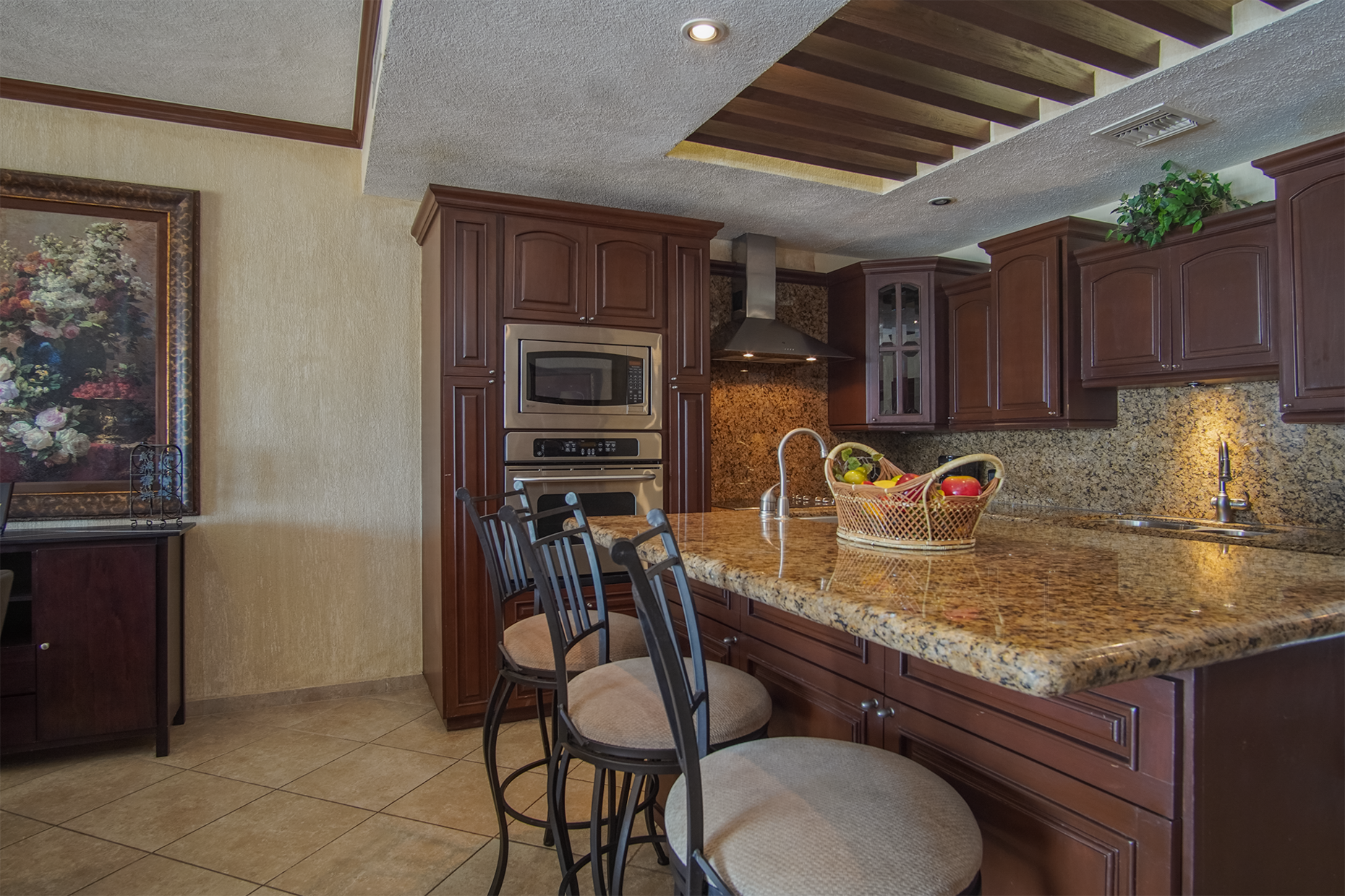 The kitchen counter and rich decor