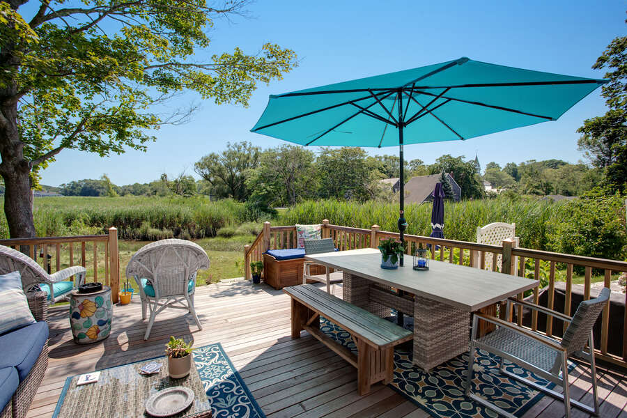 Picnic table with umbrella for outdoor dining - a gas grill, too!