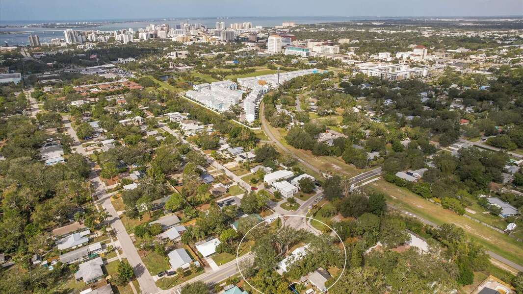 Aerial view of property, downtown Sarasota and Gulf of Mexico