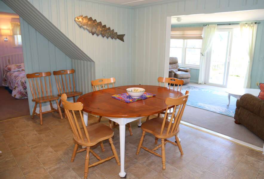 Dining area with seating for six guests.