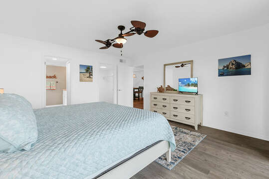 Spacious master bedroom with king bed, large flat screen TV, closet, ensuite and direct ocean front balcony.