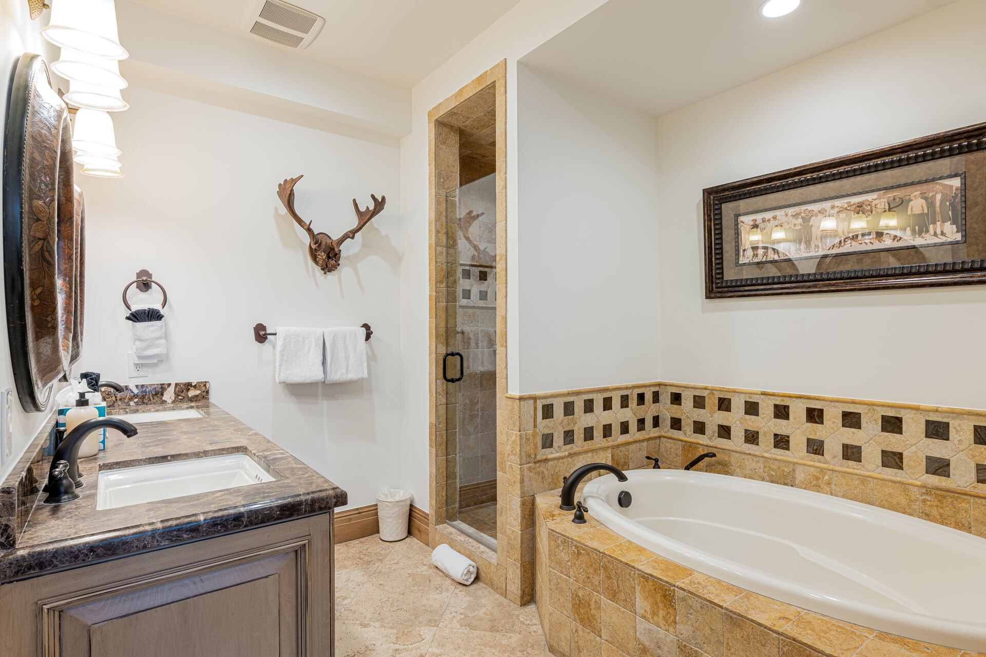 Master bath with dual sinks, a jetted tub, and separate shower