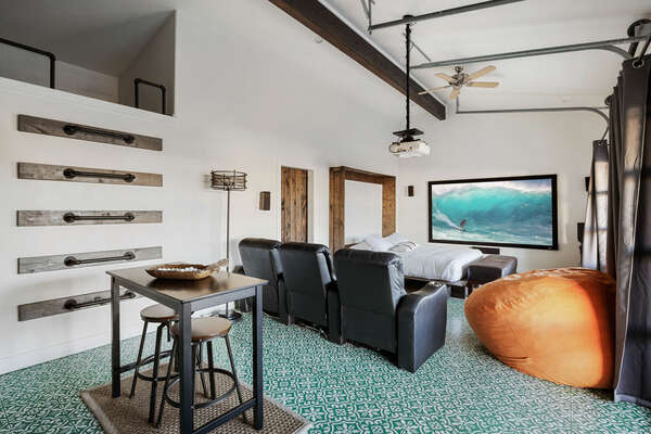 Get together in the casita to watch a movie and relax. There are two beds up the railed loft.