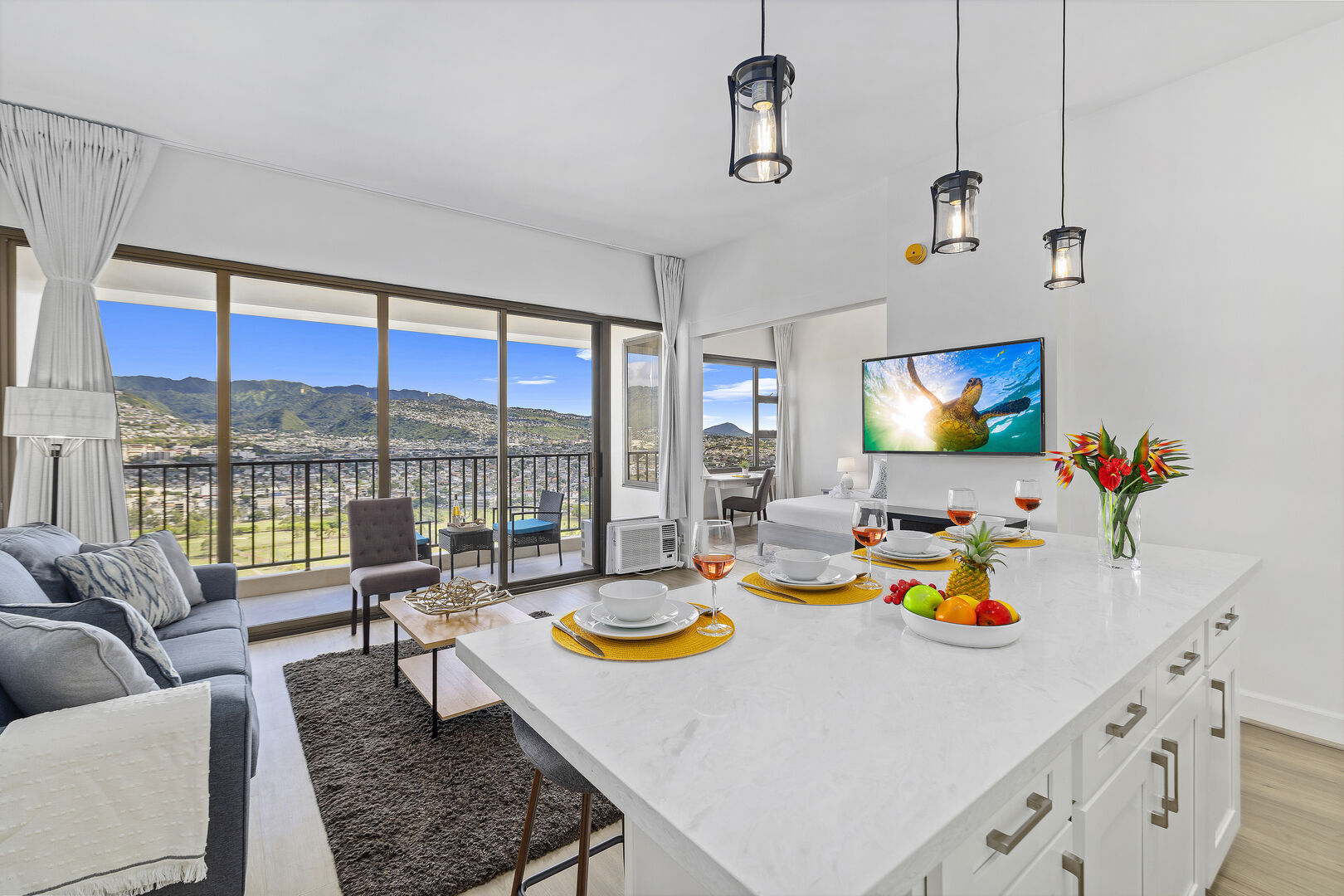 Dining area and countertop with beautiful mountain views.
