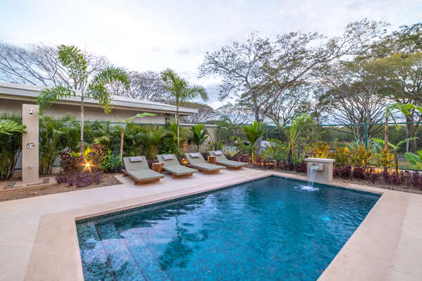 Beautifull pool surrounded by a tropical garden