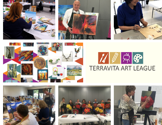 Terravita Artist's creative activities.The Art Studio is set up with easels, tables, sinks and lockers.