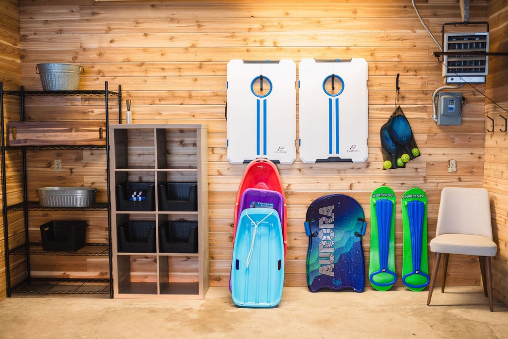 Garage Full of Fun: Our garage is filled with toys and games for guests to enjoy, from bikes to sleds, ensuring fun is never far away. It's part of our commitment to providing an entertaining stay.