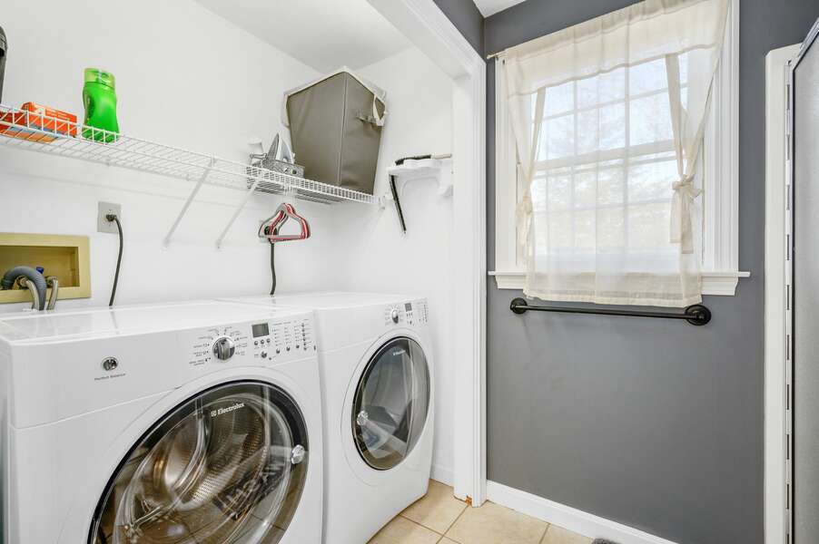 Modern washer/dryer and hanging space in this convenient laundry space - 102 White Rock Road Yarmouth Port Cape Cod - Vacation Station - NEVR