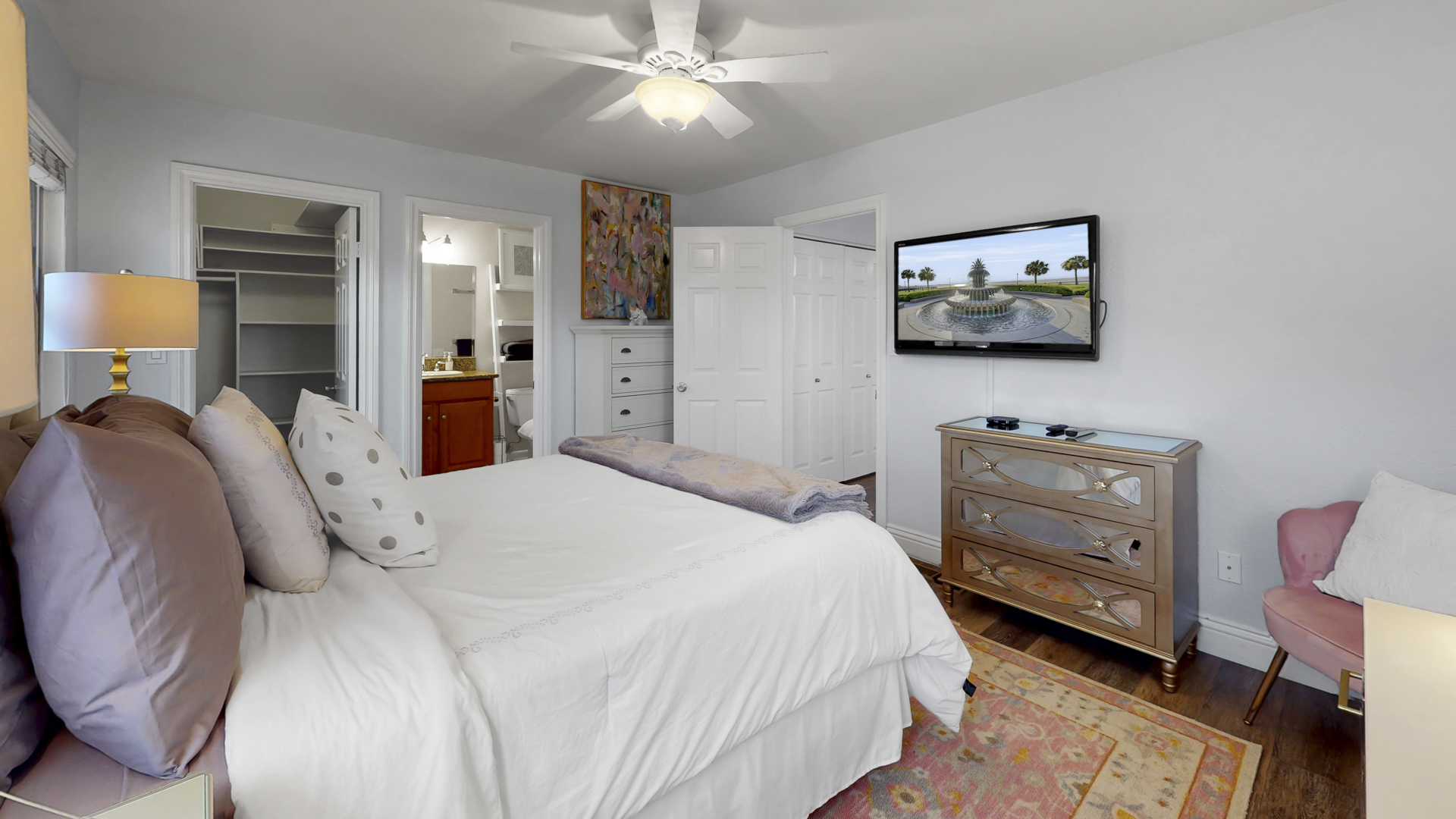 The second master bedroom has a large walk-in closet, in-suite bathroom and TV with Roku