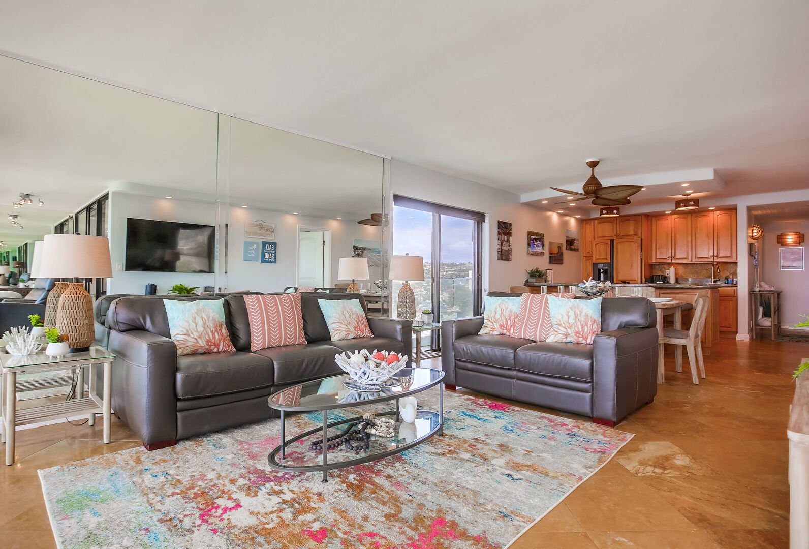 Full size sofa with incredible floor-ceiling ocean views!