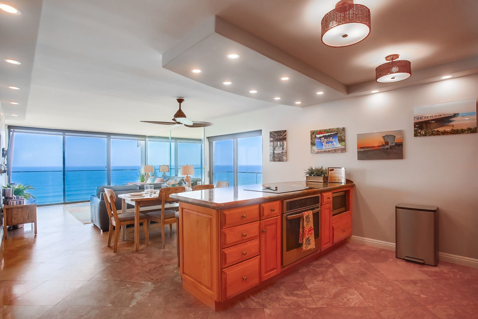 Open California-style kitchen with adjacent, separate pantry and wine bar. Incredible views while you cook!