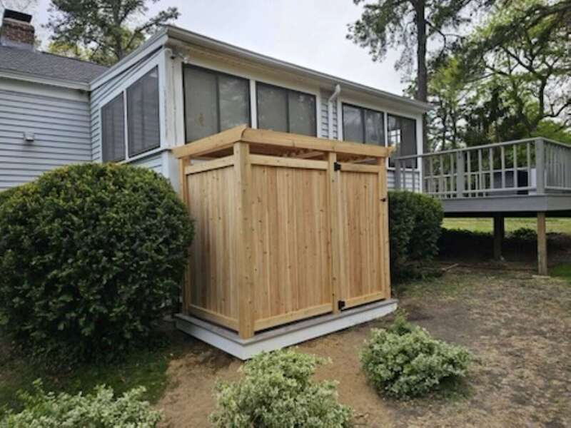 Exterior view of oversized outdoor shower  - 20 Vacation Lane Harwich Cape Cod - At Last - NEVR