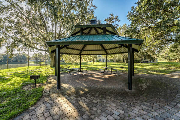Covered pavilion with charcoal grill stations