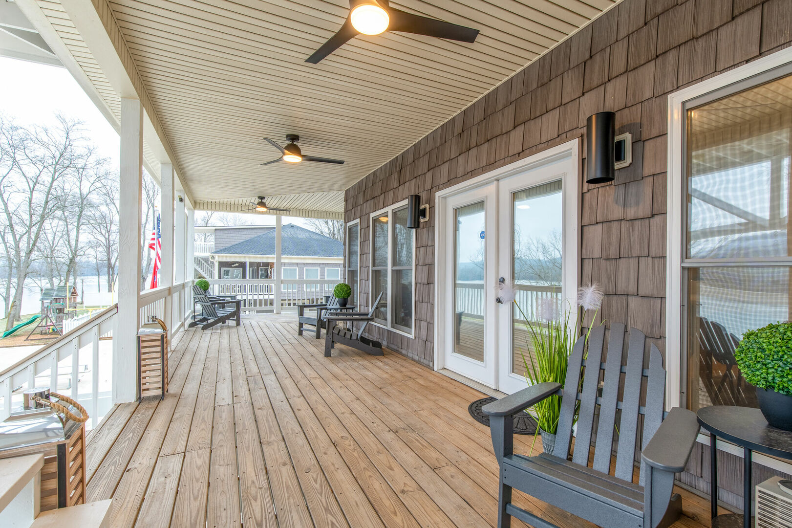 Multiple decks with breathtaking views of the river. Features multiple seating areas and ceiling fans.