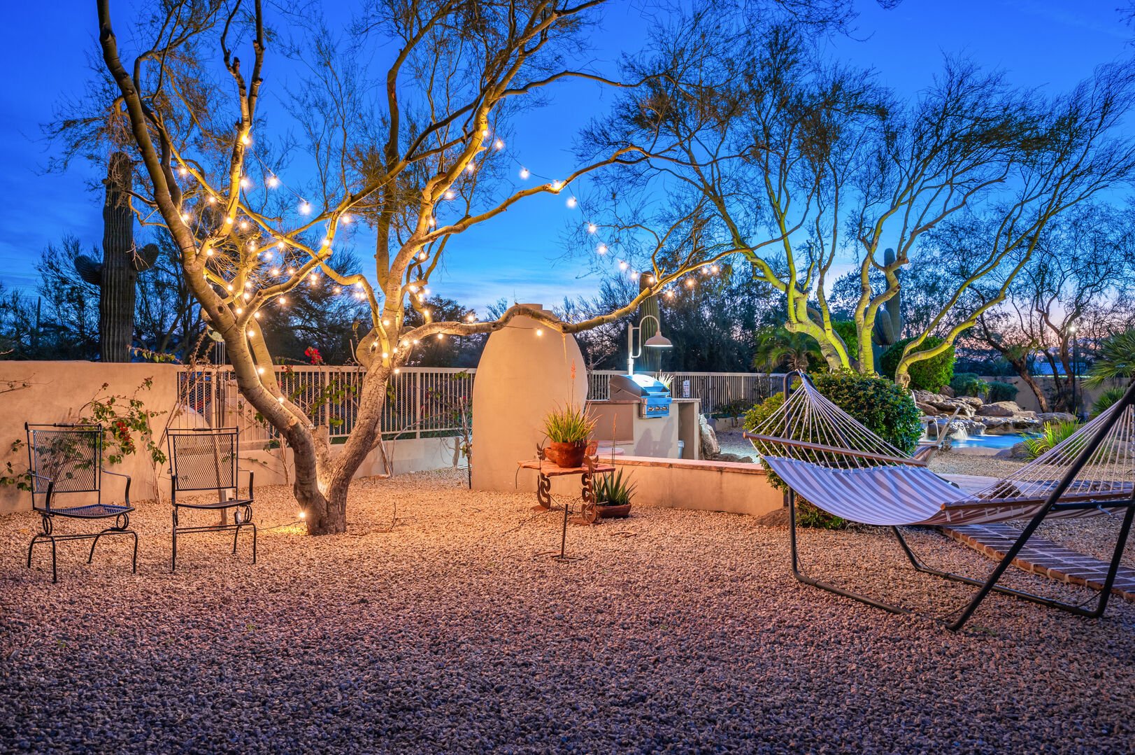 Relax on the casita under twinkling lights.