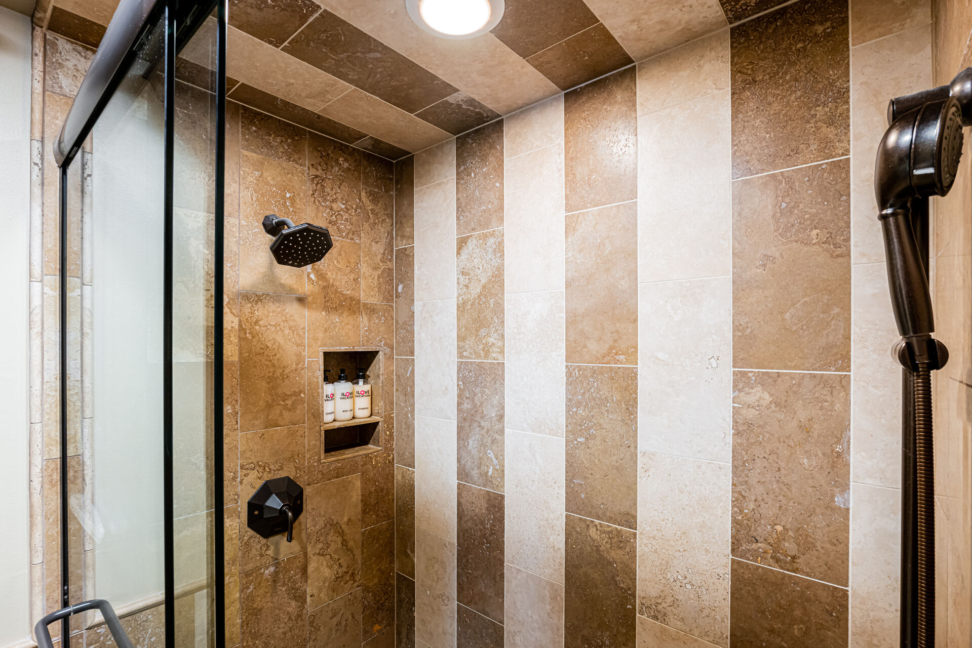 Master Bathroom with large tile & glass shower
