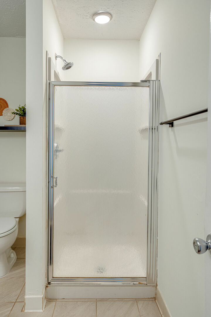 Primary bathroom with stand in shower.
