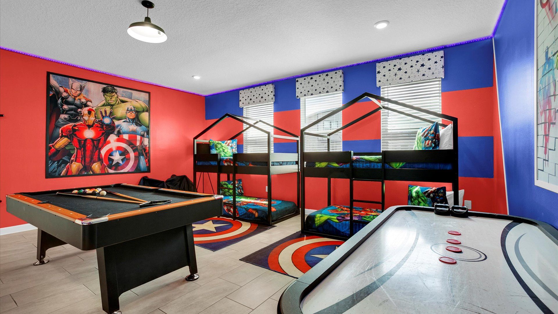 Two Twin/Twin Bunks 
Bedroom/Game Room 8
Downstairs
Avengers Theme