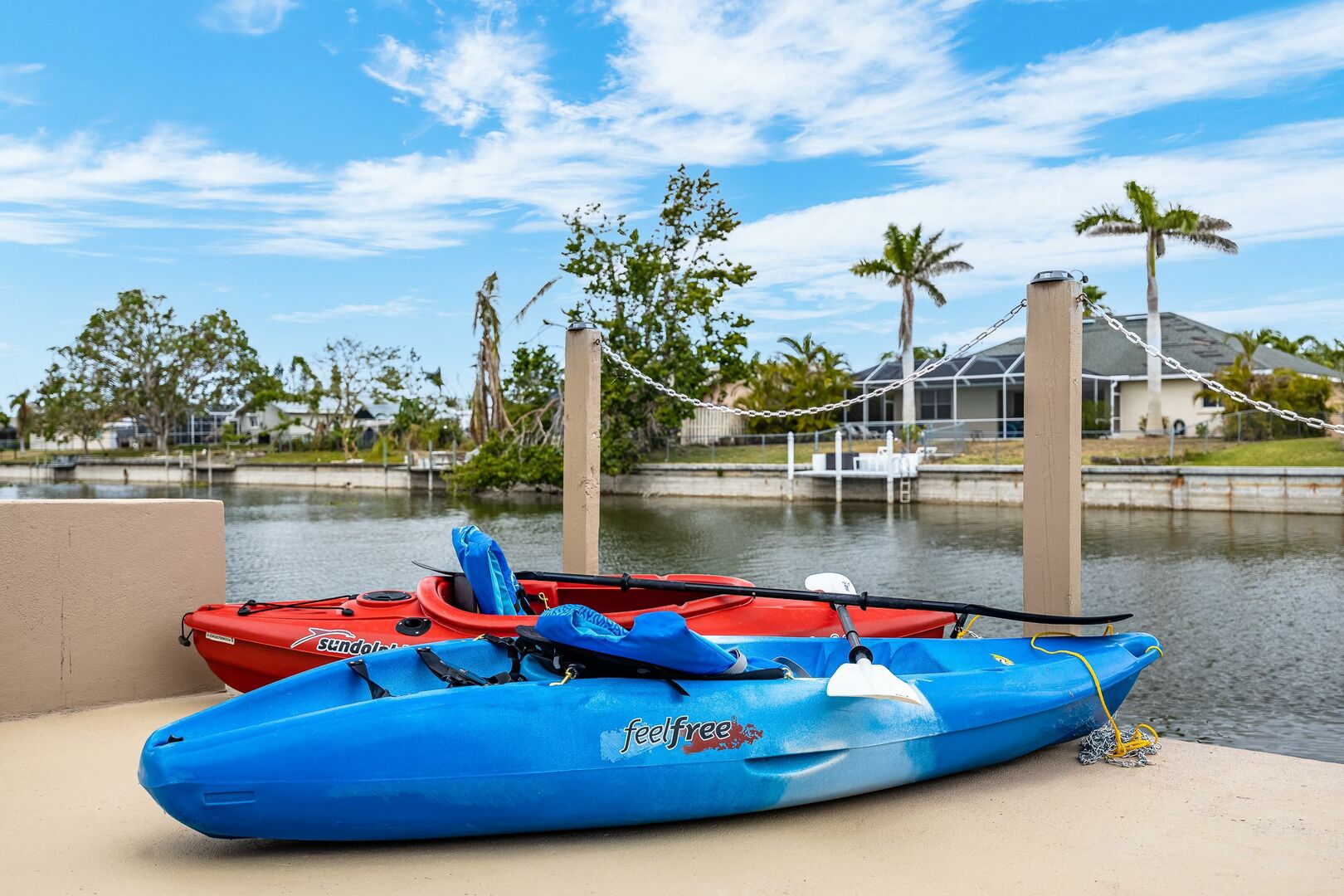 Kayaks available on the dock. Miles of Freshwater canals to explore.