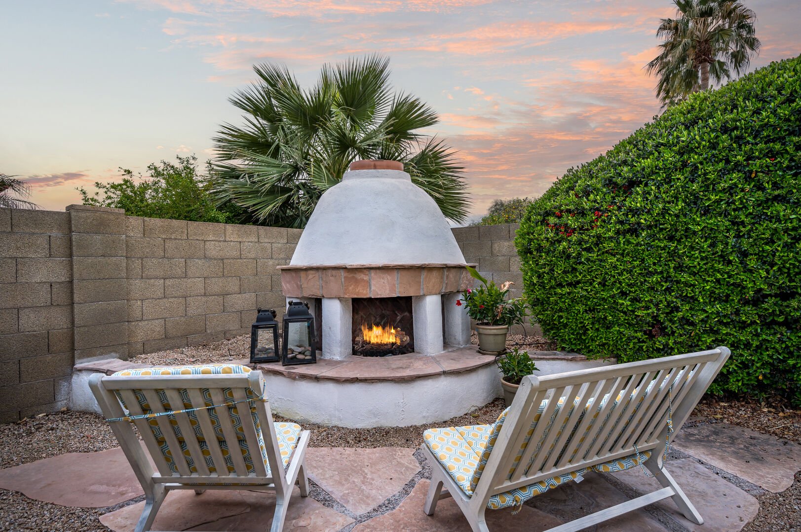 Unwind by the outdoor fireplace.