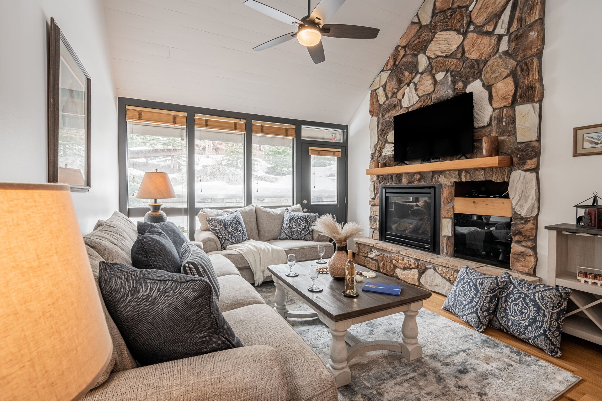 Living Room with a Gas Fireplace  and 55