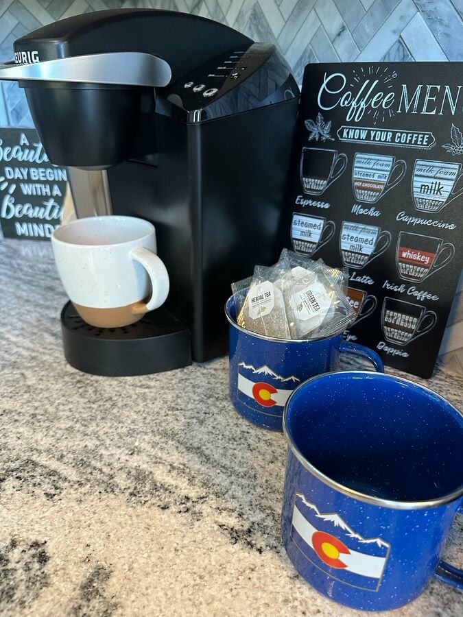 Keurig and drip style coffee for our coffee lovers! Cream, sugar beans and pods provided!