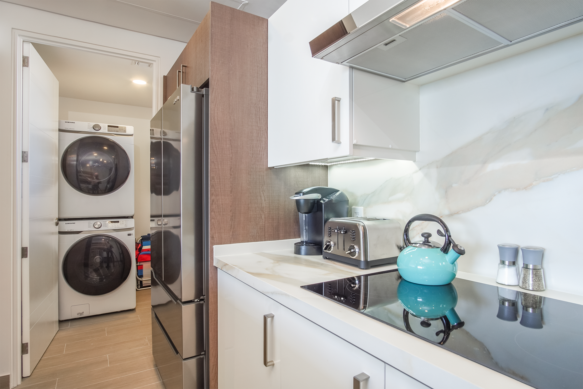 Every appliance large and small that you would want in the kitchen. Spices, Crockpot, pots and pans and so much more. The utility room is complete with beach towels and full size washer and dryer.