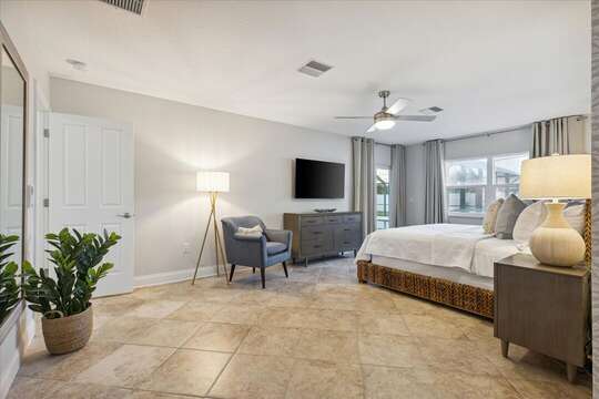 Spacious guest bedroom with king bed
