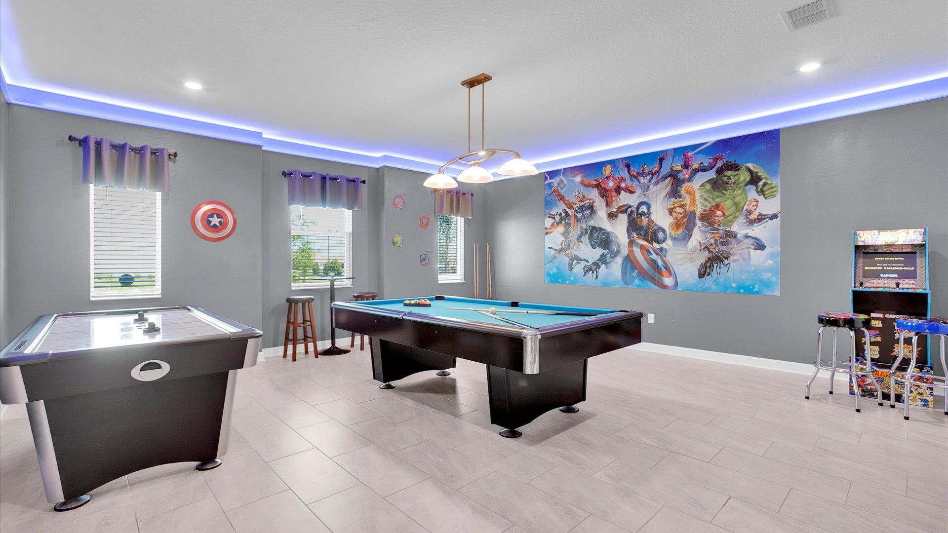 Game Room - Downstairs
Pool Table, Air Hockey
Marvel Video Arcade
Avengers Theme