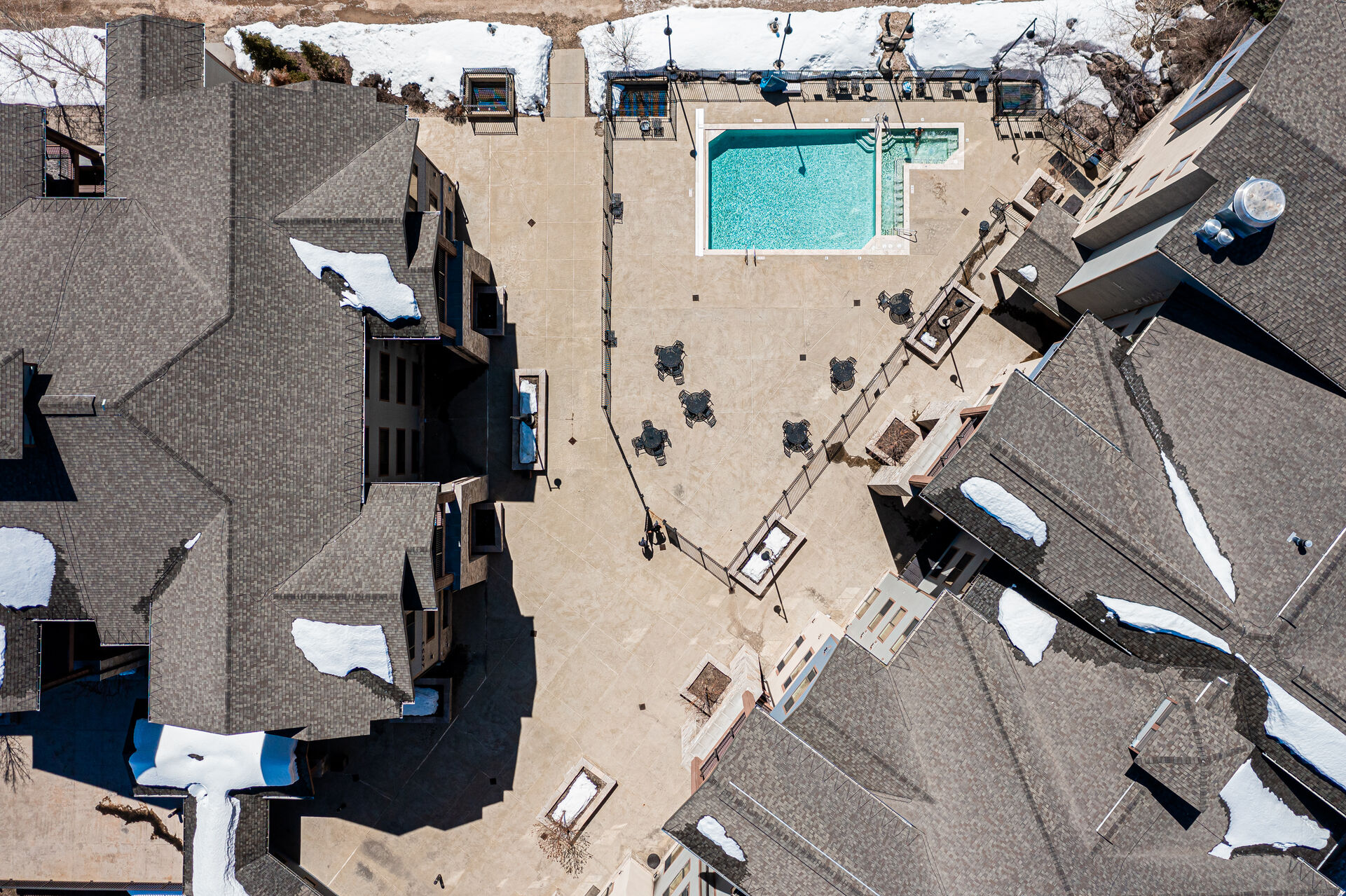 Arial photo of year round community pool and hot tub