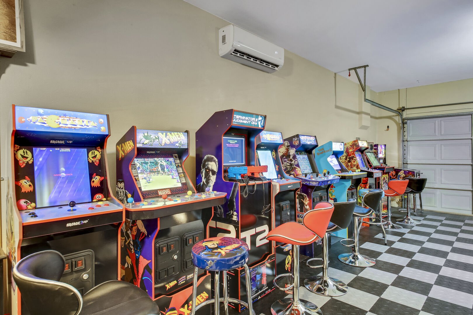 Experience non-stop excitement in our game room which was formerly a garage. Here, you'll find 8 arcade games featuring classics like The Simpsons, Street Fighter 2, X-Men, Terminator 2, NFL Blitz, Retro Mania, and many more, with most offering multiplayer options for friendly competition.