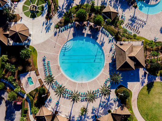 aerial view showing community pool and hot tub