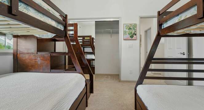 2 bunks with twin over full size beds, and 1 pullout twin size trundle bed.