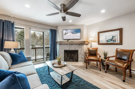 Living room with wood burning fireplace and HDTV