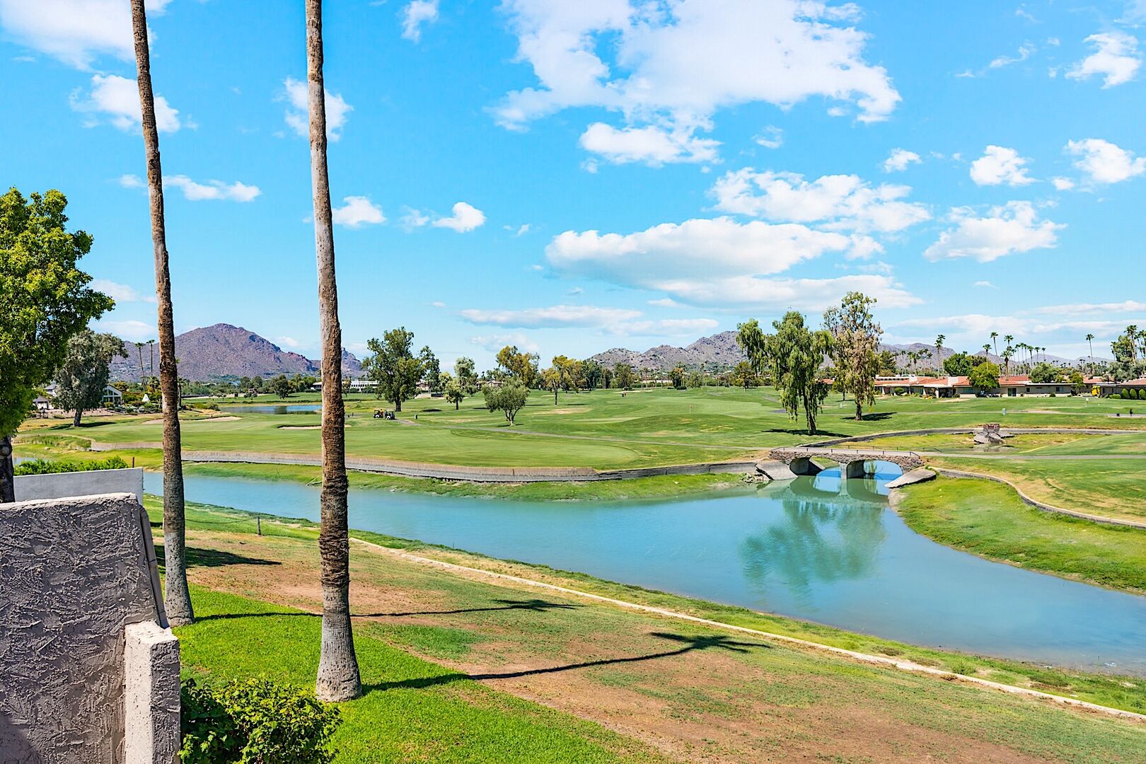 Panoramic views of Camelback Mountain & McCormick Ranch Golf Course from balcony.